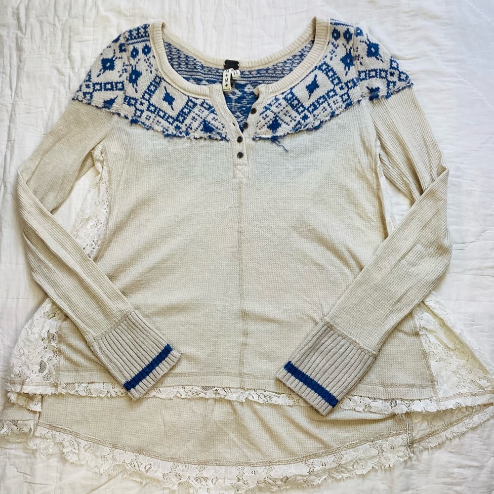 We the Free Mixed Media‎ Nordic Sweater Thermal Lace Top Medium